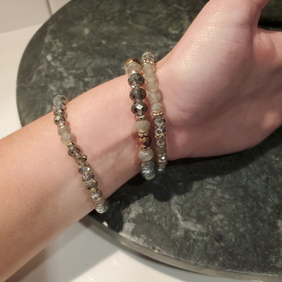 3 Beaded Bracelet Set Gray Shiny Glam Tassel Party - Picture 2 of 6